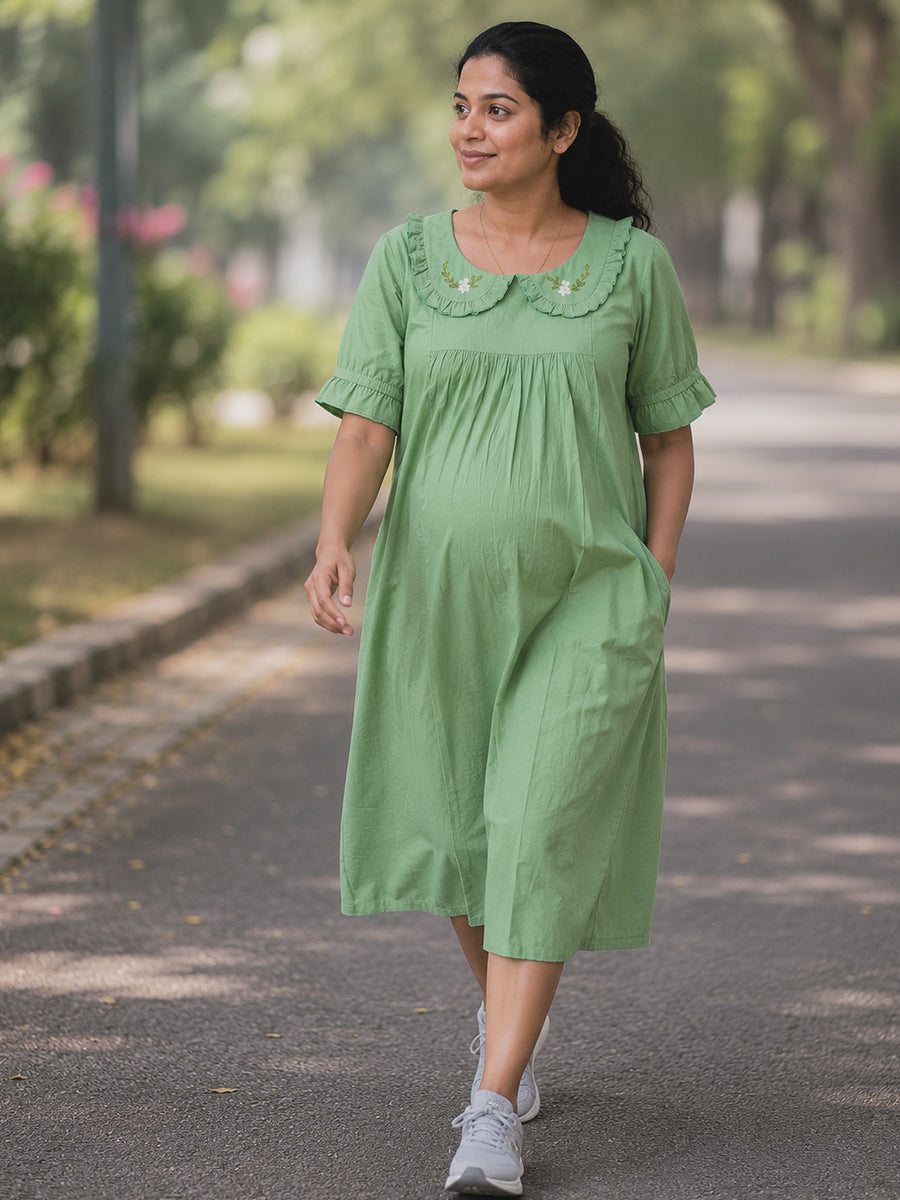 Ziva Maternity & Feeding Cotton Short Frock Nighty with Elegant Embroidered Peter Pan Collar, Invisible Feeding Zips & Pocket – Sage Green