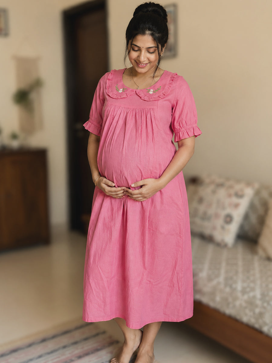 Ziva Maternity & Feeding Cotton Short Frock Nighty with Elegant Embroidered Peter Pan Collar, Invisible Feeding Zips & Pocket – Rosy Peach