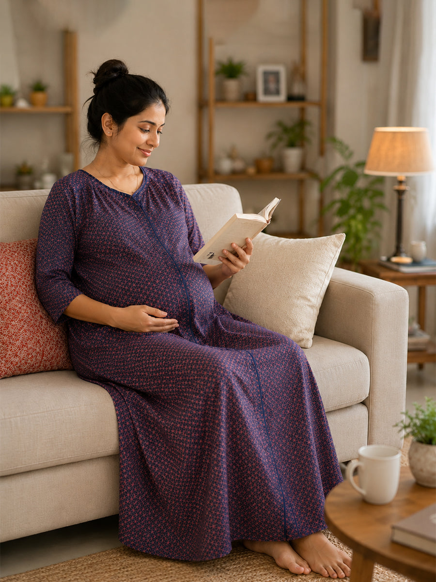 Ziva Maternity & Feeding Cotton Full Open Night Gown with 3/4th Sleeves & Decorative Frill Placket – Dusty Sky Blue Asanoha Geometric Print