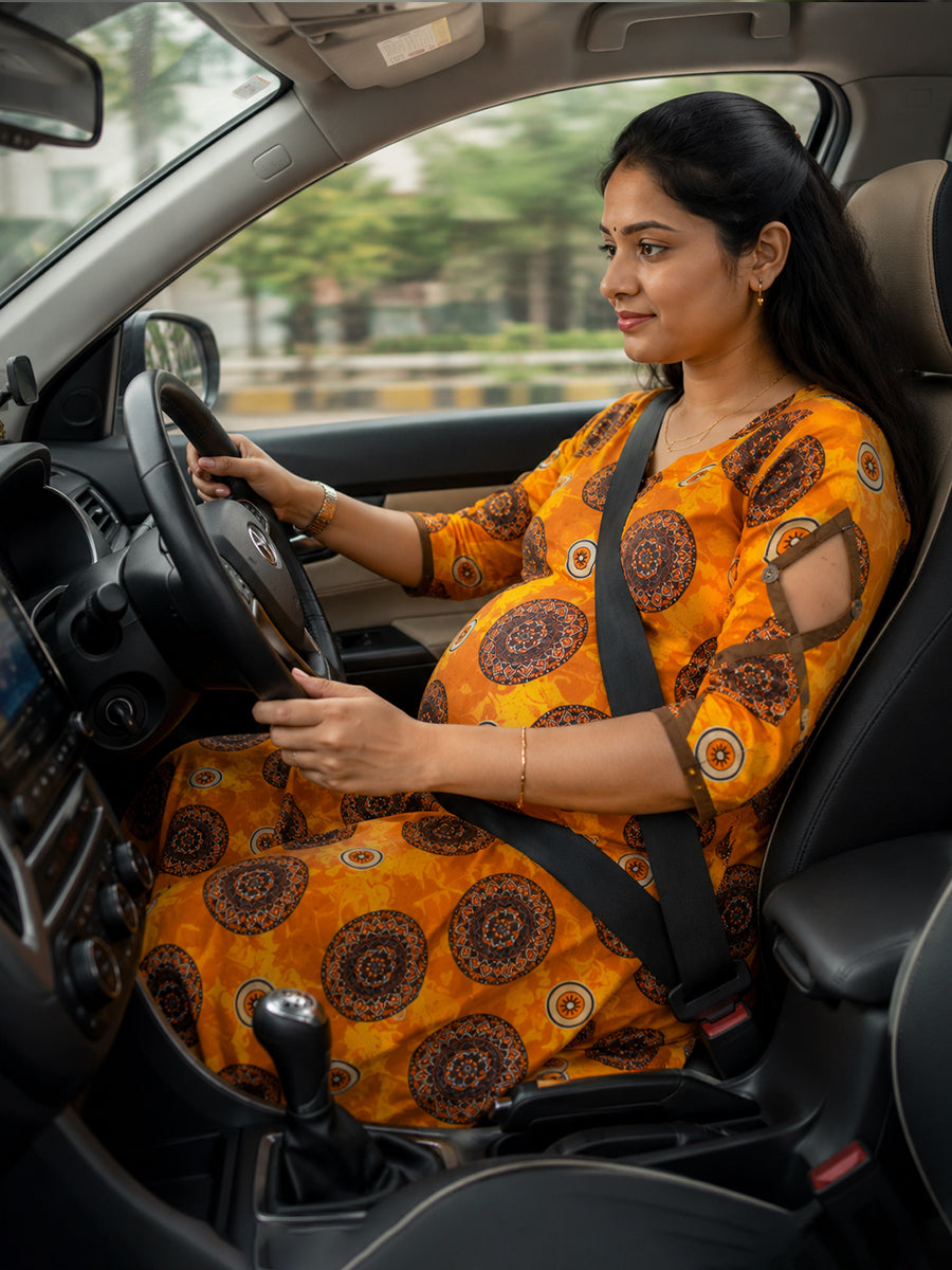 Ziva Maternity & Feeding Cotton Kurta with Double Side Feeding Zip – Mustard Marigold Ethnic Mandala Print