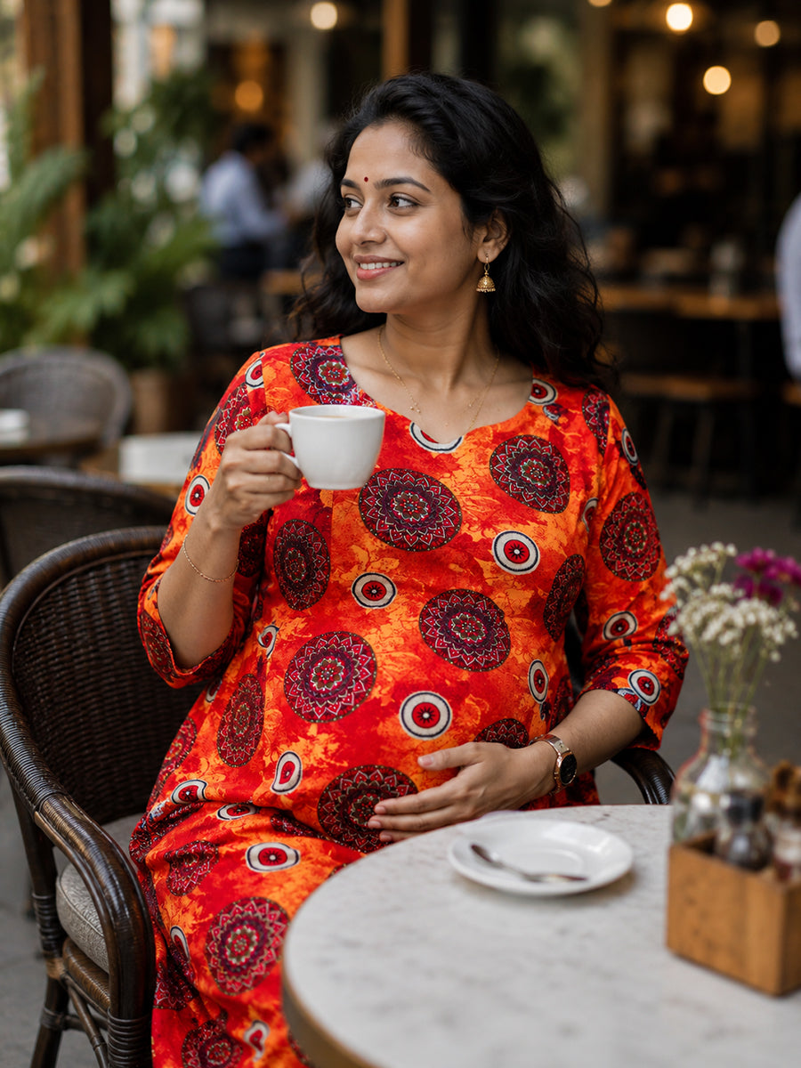 Ziva Maternity & Feeding Cotton Kurta with Double Side Feeding Zip – Burnt Orange Red Ethnic Mandala Print