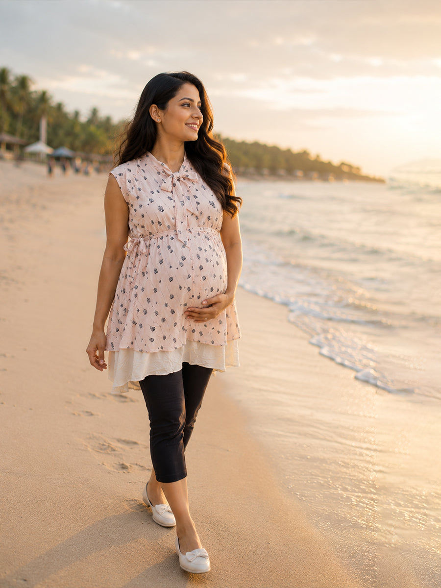 Ziva Maternity & Feeding Short Top with Dual Feeding Zips & Adjustable Side Tie – Soft Blush Pink Vintage Birdcage Print