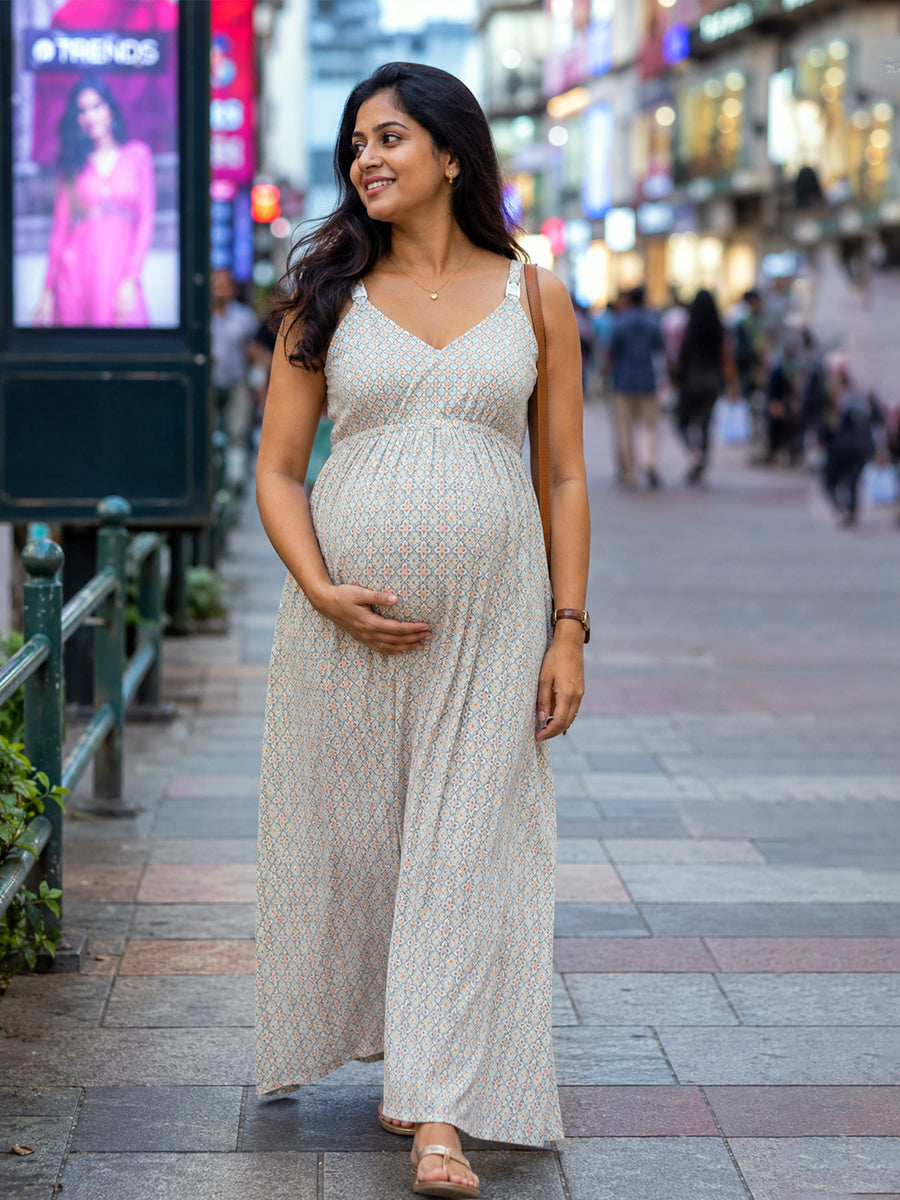 Ziva Maternity & Feeding Crushed Rayon Gown with Easy-Access Nursing Buckles & Adjustable Straps – Soft Mist Grey Geometric Floral Trellis Print