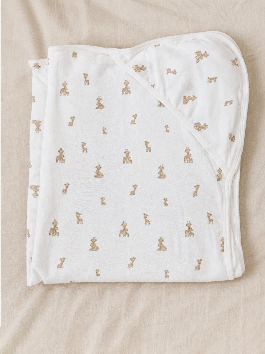 Ziva Baby Hooded Towel – Off White | Warm Taupe Beige Baby Giraffe Print | 100% Knitted Cotton
