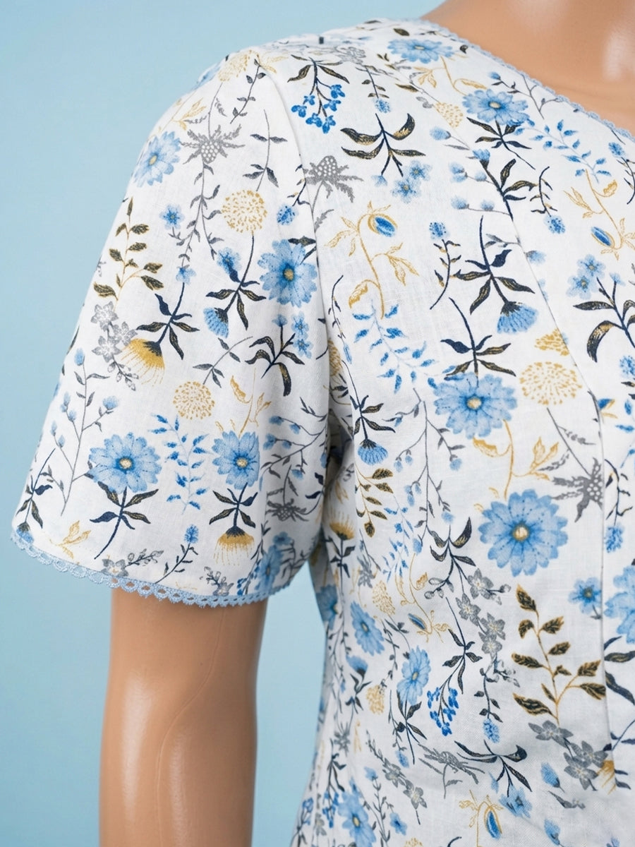 Ziva Cotton Maternity & Feeding Short Nighty with Pocket and Two Side Invisible Feeding Zips  – Blue & Yellow Floral