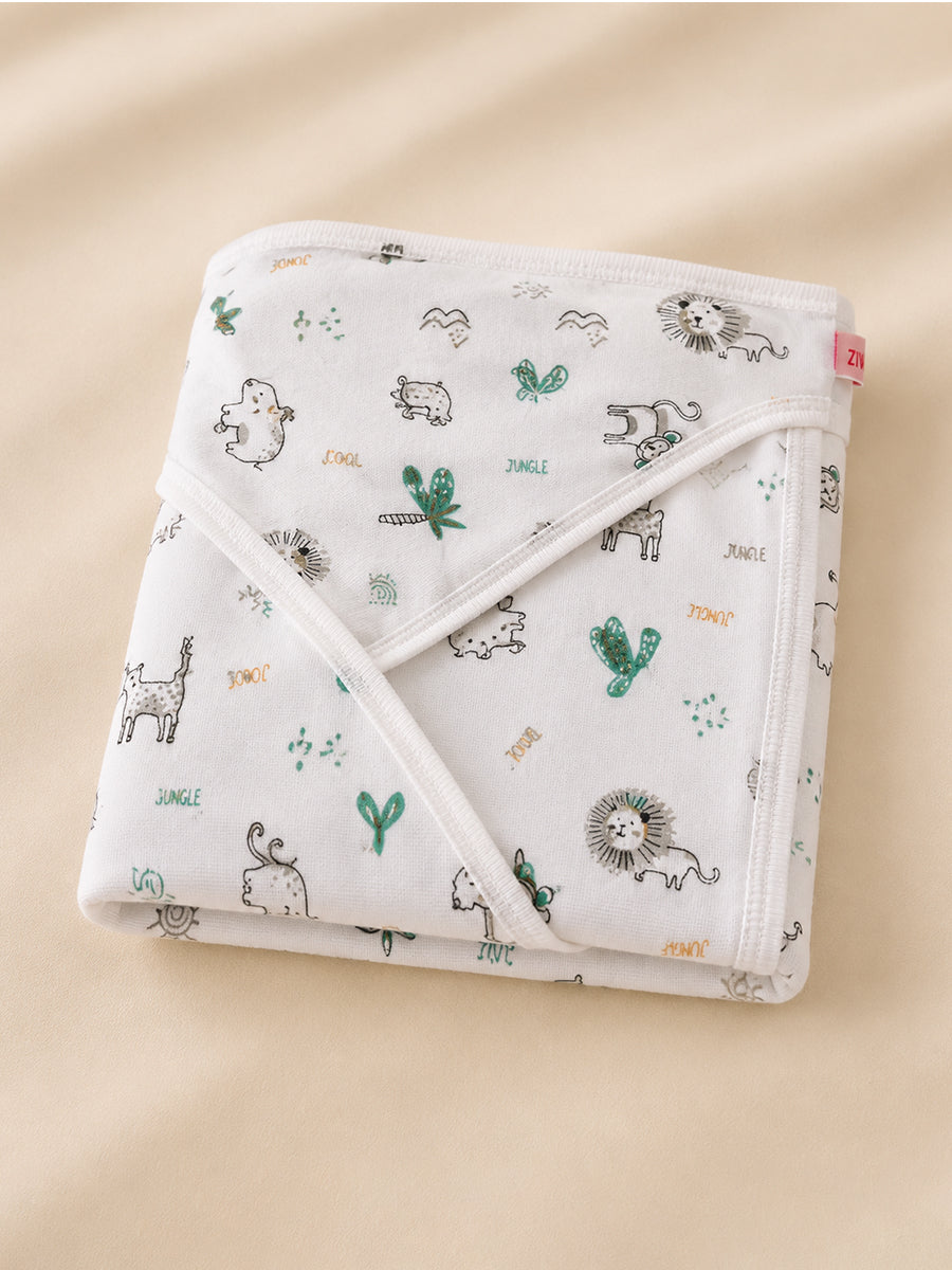 Ziva Baby Hooded Towel – Soft White | Jungle Safari Adventure Print | Soft Knitted Cotton