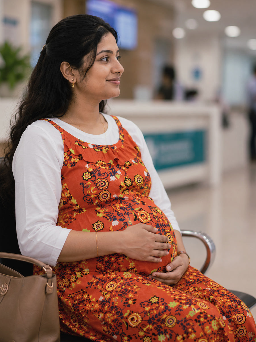 Ziva Maternity & Feeding Rayon Full Gown with Knitted Cotton Inner Baniyan & Invisible Feeding Zips