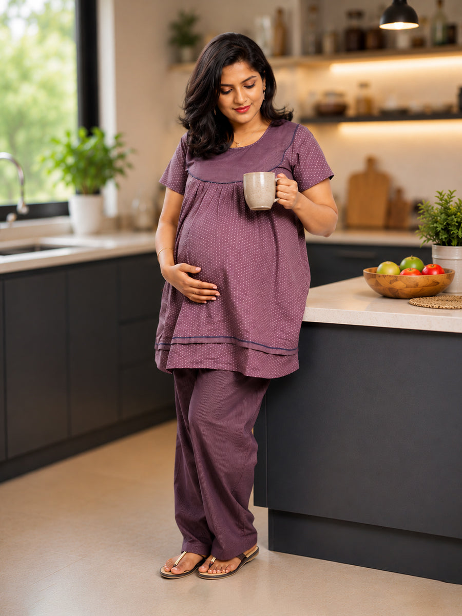 Ziva Maternity & Feeding Cotton Pyjama Suit with Invisible Feeding Zips & Adjustable Waist Pant