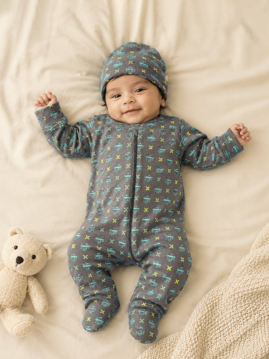 Ziva Knitted Cotton Baby Sleepsuit with Cap – Surf Day Print | Charcoal Grey