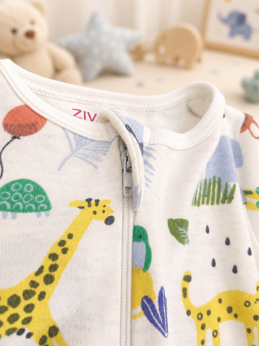 Ziva Knitted Cotton Baby Sleepsuit with Cap – Safari Animal Print | Ivory Cream