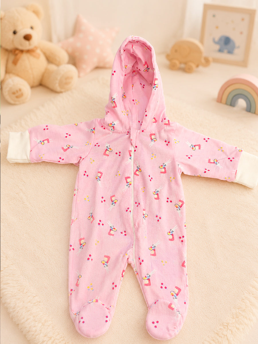 Ziva Hooded Knitted Cotton Baby Sleepsuit – Bunny Girl Print | Baby Pink