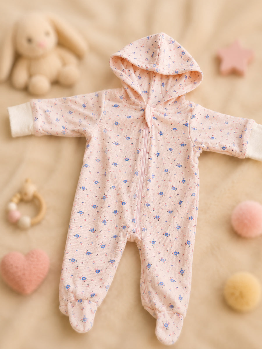 Ziva Hooded Knitted Cotton Baby Sleepsuit  – Tiny Lavender Floral Print | Soft Blush Pink
