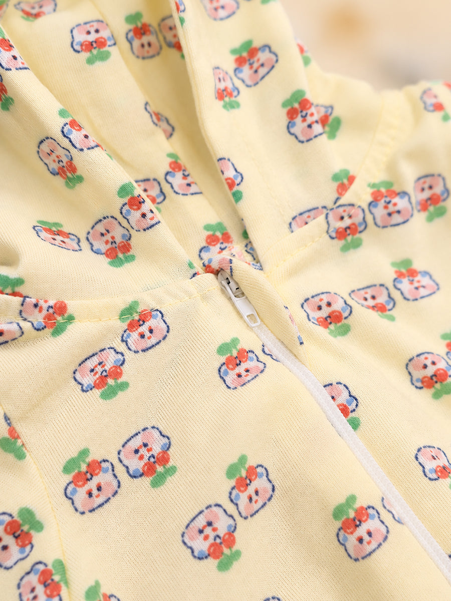 Ziva Hooded Knitted Cotton Sleepsuit – Cherry Bear Print | Buttercream Yellow