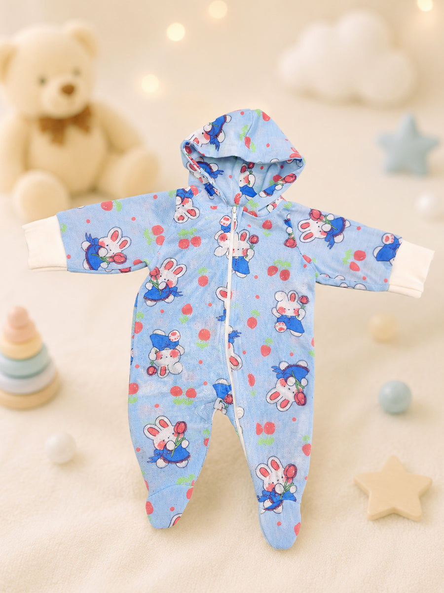 Ziva Hooded Knitted Cotton Baby Sleepsuit  – Bunny & Cherry Friends Print | Baby Blue