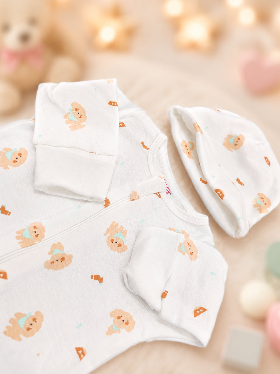 Ziva Knitted Cotton Baby Sleepsuit with Cap – Puppy Bear Print | Soft Ivory White