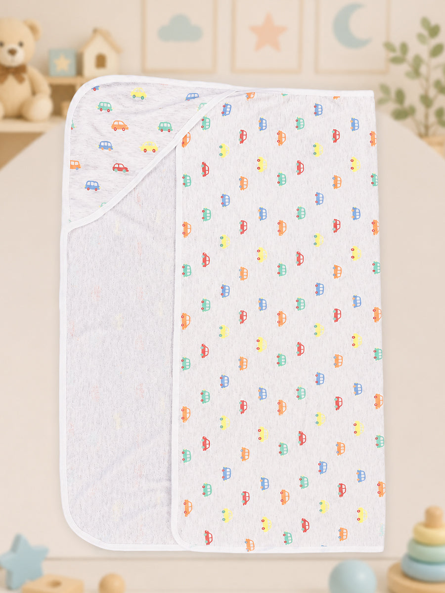 Ziva Baby Hooded Towel – Heather Grey | Tiny Multicolor Car Print | Knitted Cotton