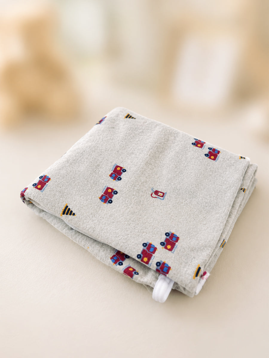 Ziva Baby Blanket – Heather Grey | Tiny Fire Truck & Road Safety Print | Knitted Cotton