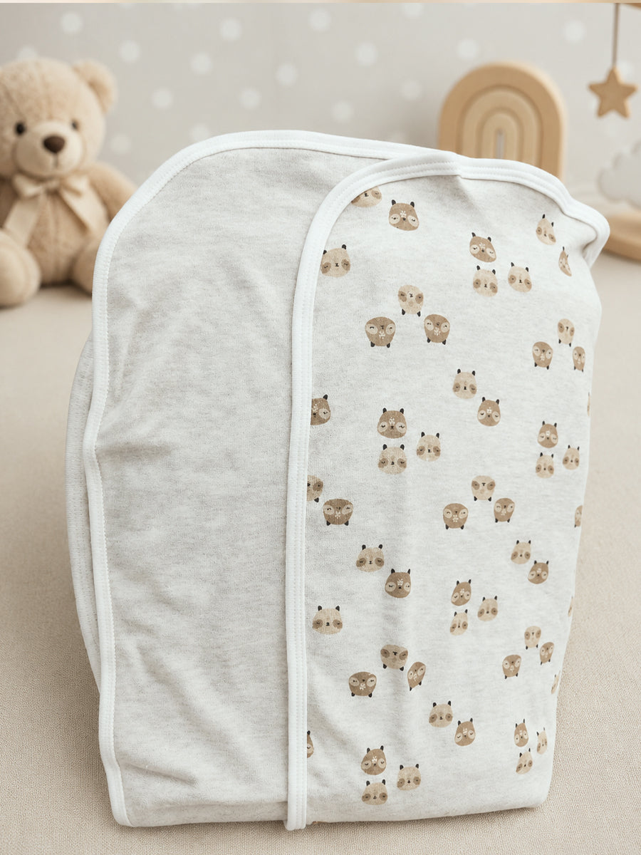 Ziva Baby Blanket – Grey Melange | Tiny Teddy Bear Print | Knitted Cotton