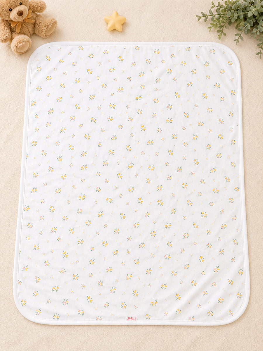 Ziva Baby Blanket – White | Tiny Wildflower Bouquet Print | Knitted Cotton
