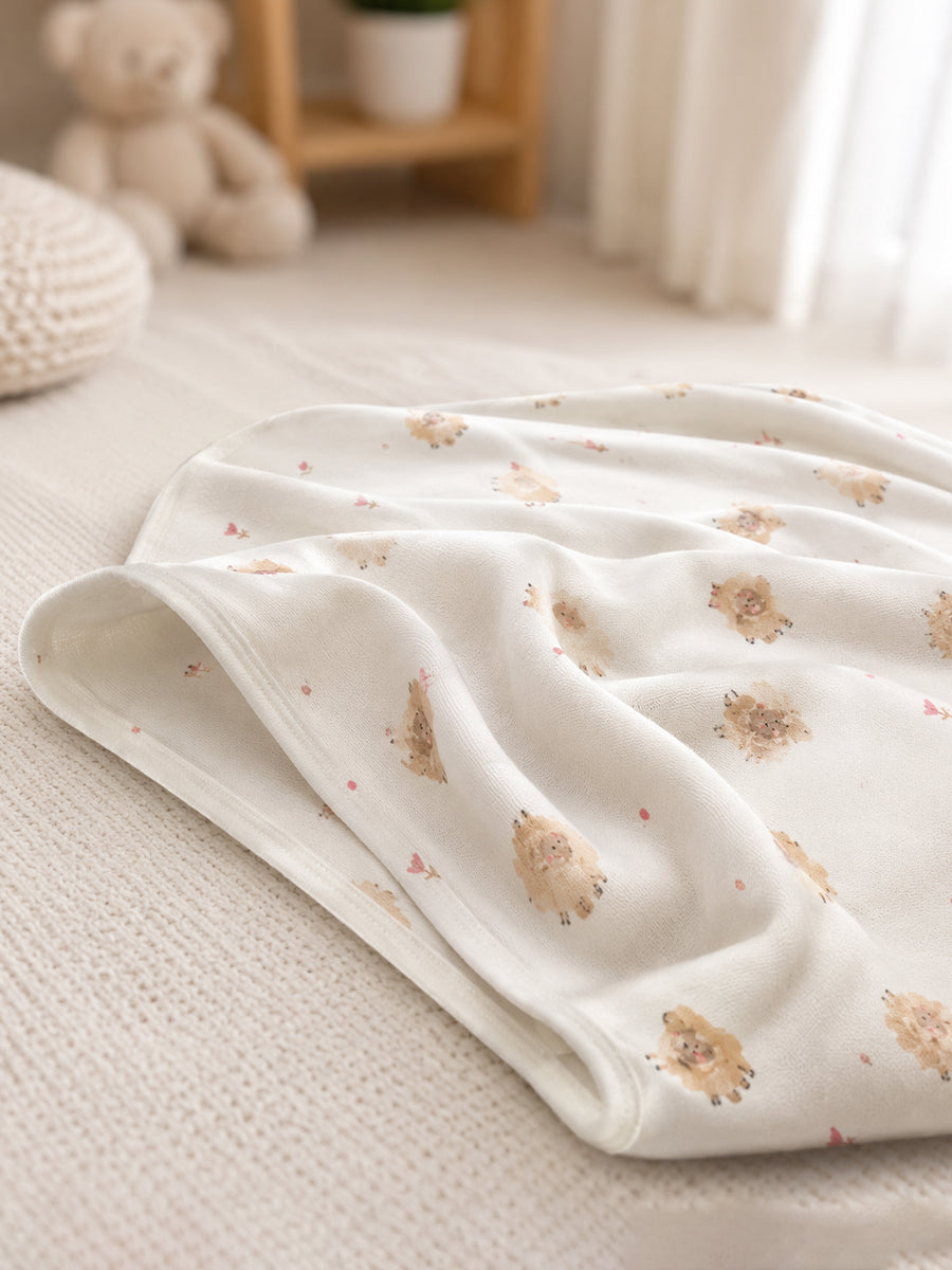 Ziva Baby Blanket – Off White | Tiny Fluffy Lamb Print | Knitted Cotton