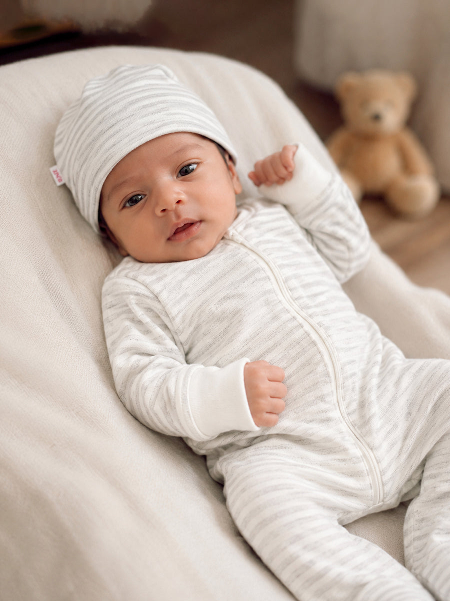 Ziva Knitted Cotton Baby Sleepsuit with Cap – White & Heather Grey Stripe Print | Fold-Over Mittens