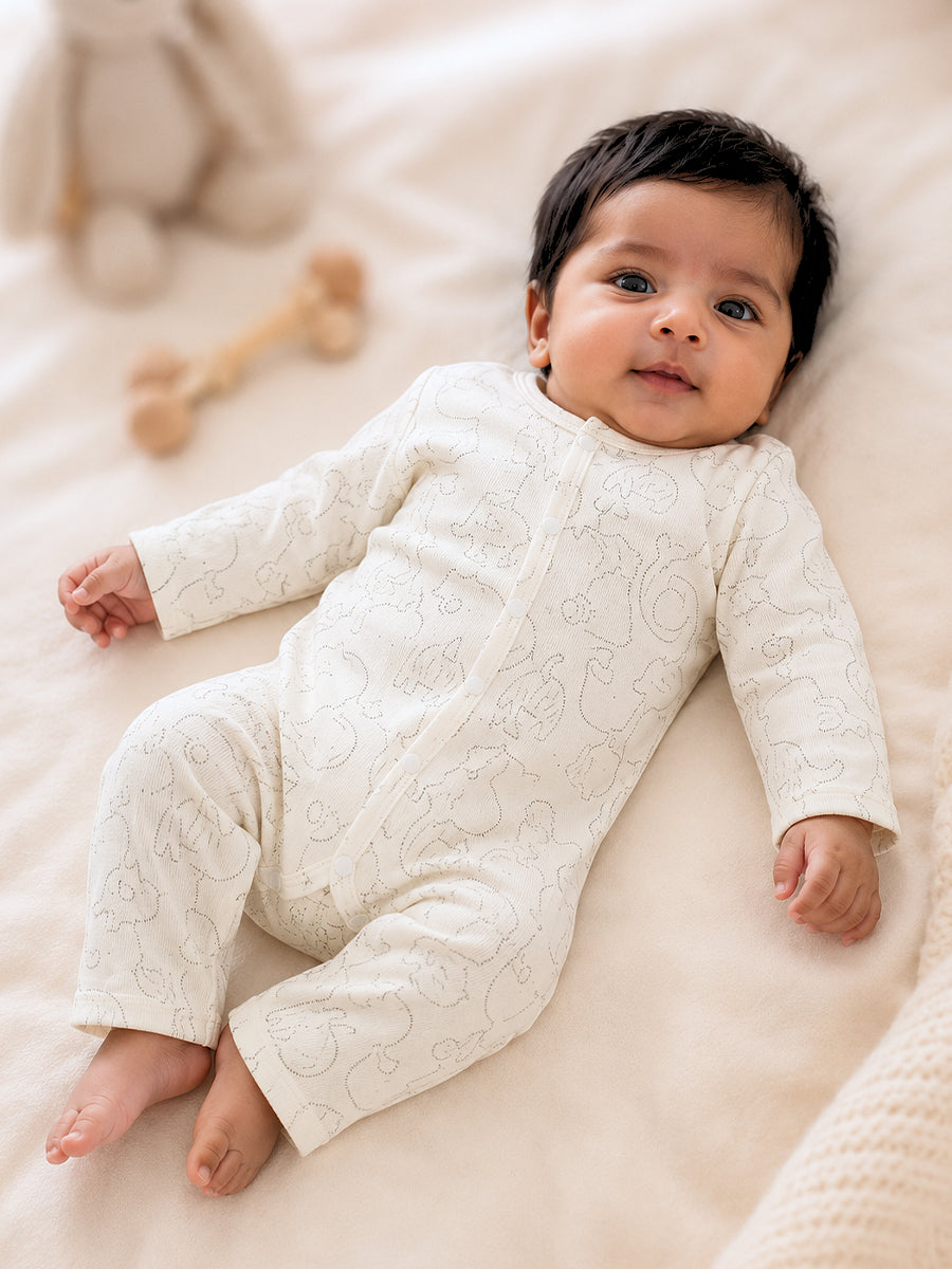 Ziva Baby Jumpsuit – Light Cream | Safari Animal Outline Print | Knitted Cotton | Front Open Snap Button