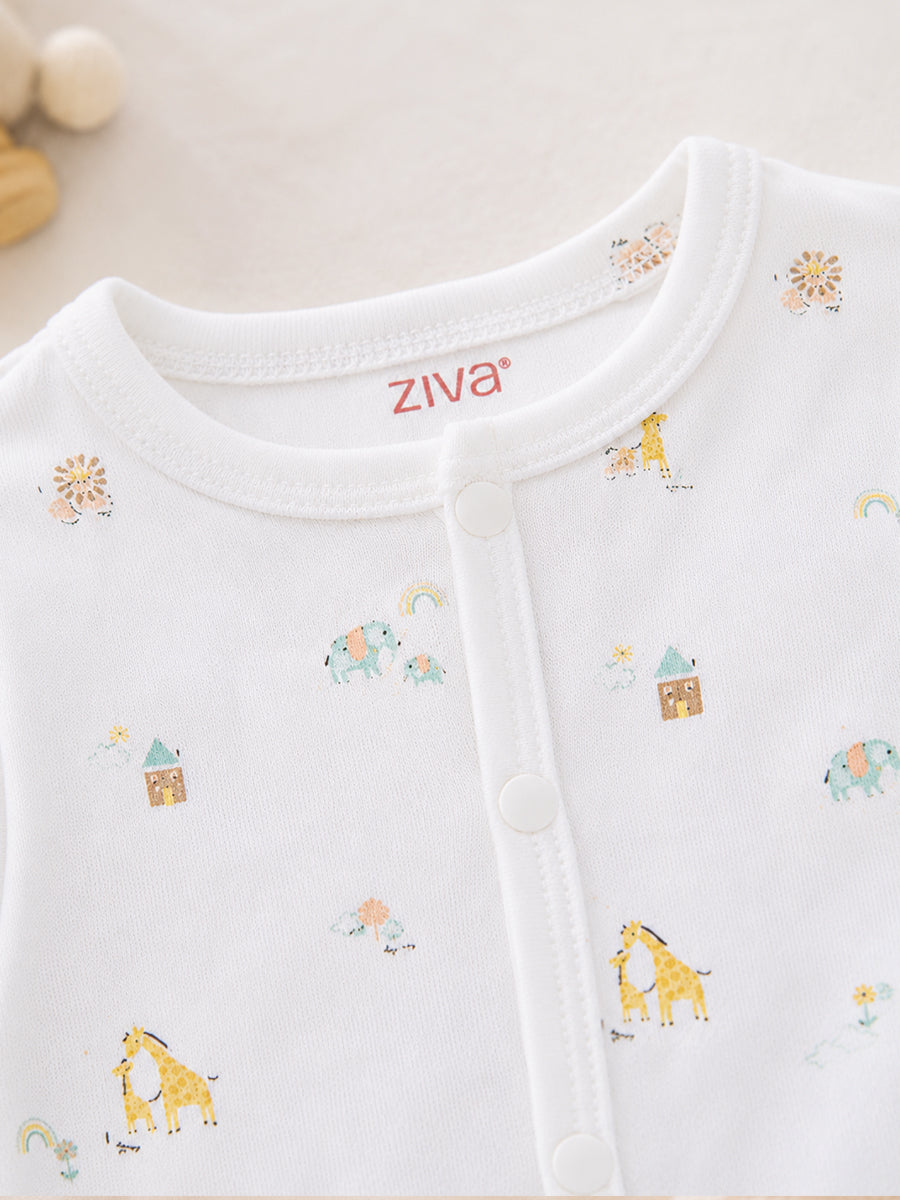 Ziva Baby Jumpsuit – White | Safari Mini Adventure Print | Knitted Cotton | Front Open Snap Button