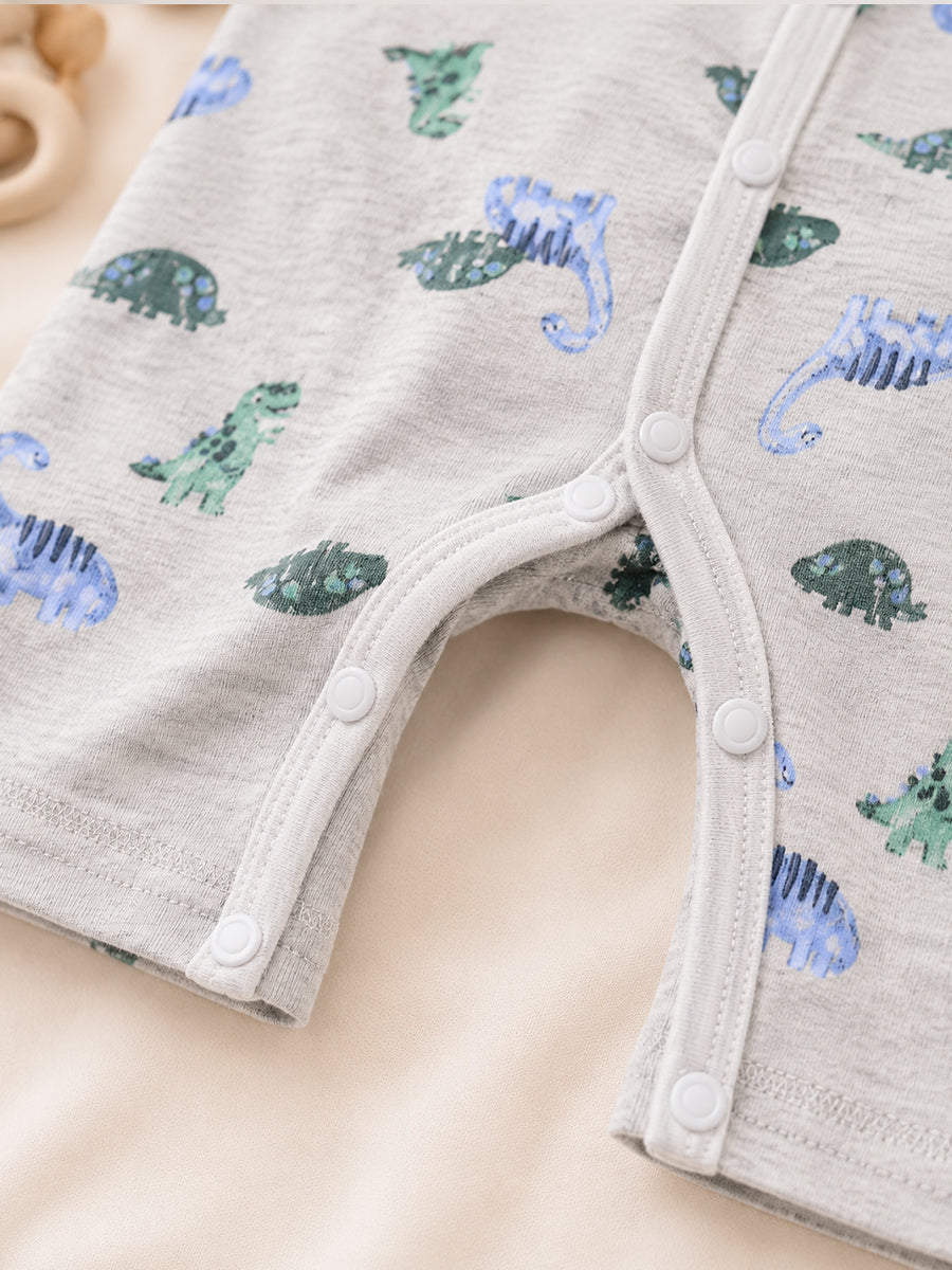 Ziva Baby Jumpsuit – Light Ash | Safari Dinosaur Print | Knitted Cotton | Front Open Snap Button
