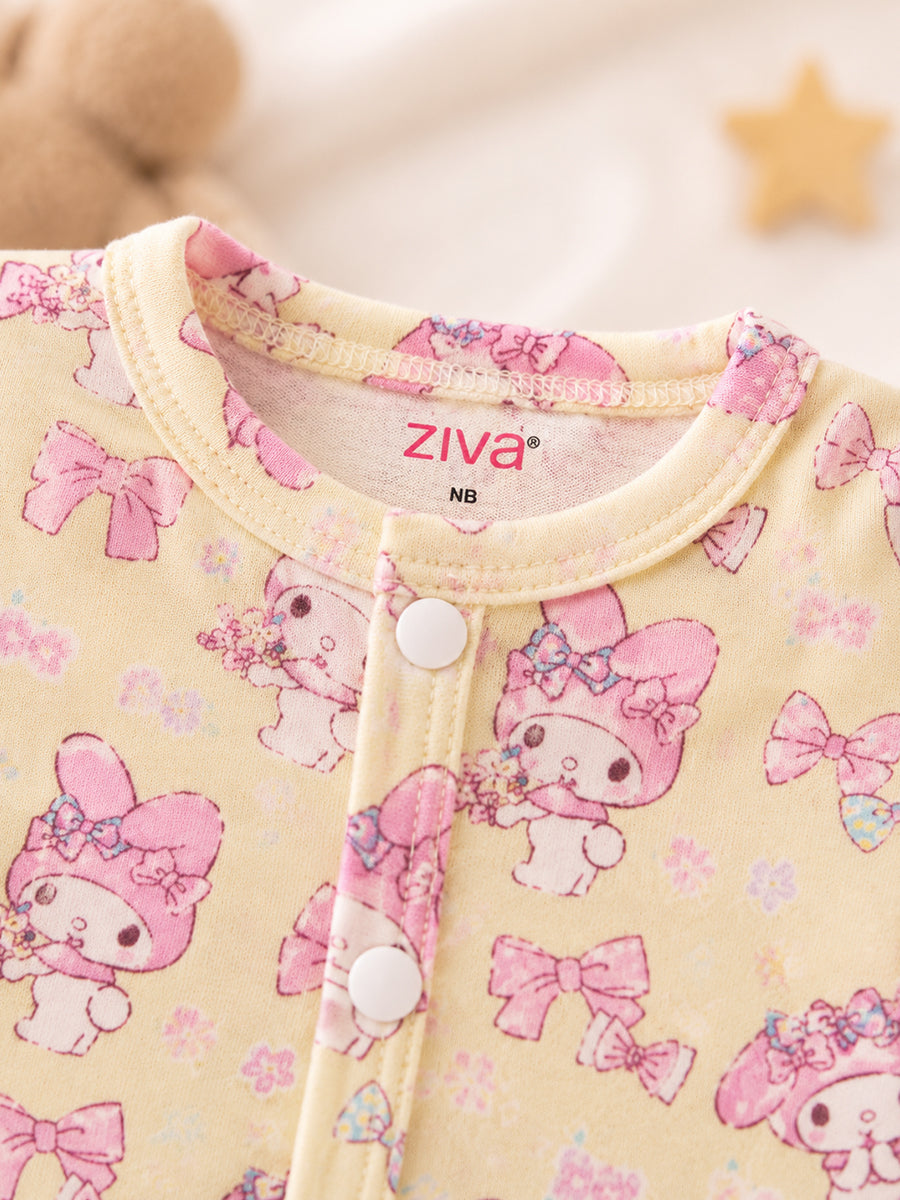 Ziva Baby Jumpsuit – Soft Butter Yellow | Pink My Melody Garden Print | Knitted Cotton | Front Open Snap Button