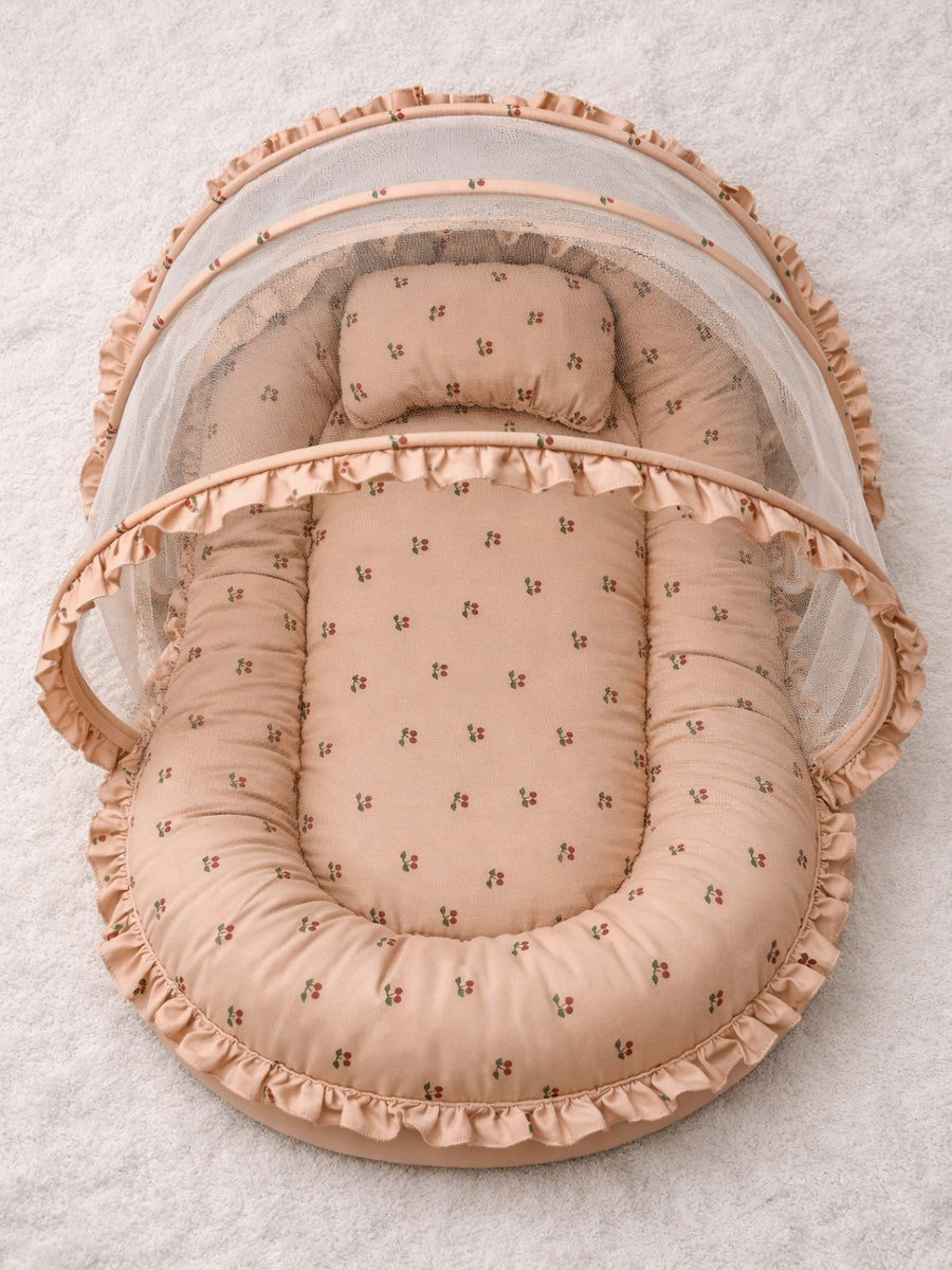Ziva Baby Net Bed with Head Rest – Organic Cotton Brown Cherry Print