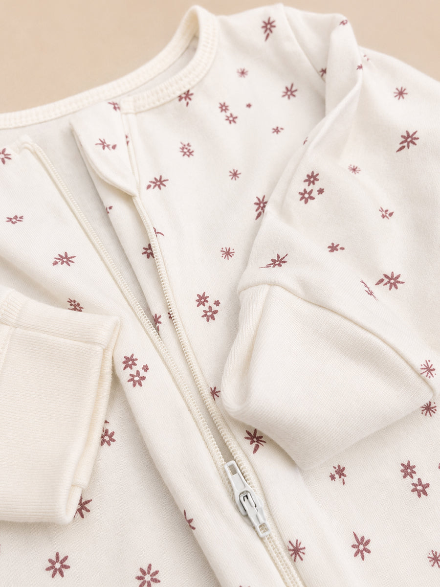 Ziva Baby Sleepsuit with Cap – Knitted Cotton Front Zip, Fold-Over Mittens & Integrated Booties | Sweet Meadow Floral Print