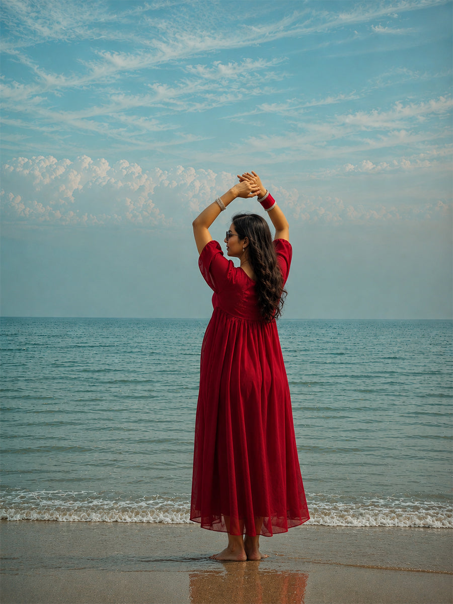 Ziva Cherry Red Multipurpose Maternity Photoshoot & Baby Shower Gown | Full-Length Gown