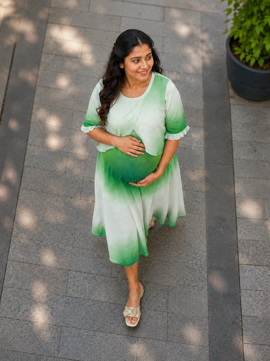 Ziva Maternity & Feeding Knitted Cotton Maxi Dress with Zipless Feeding Access & Pocket – Green Ombre Tie-Dye