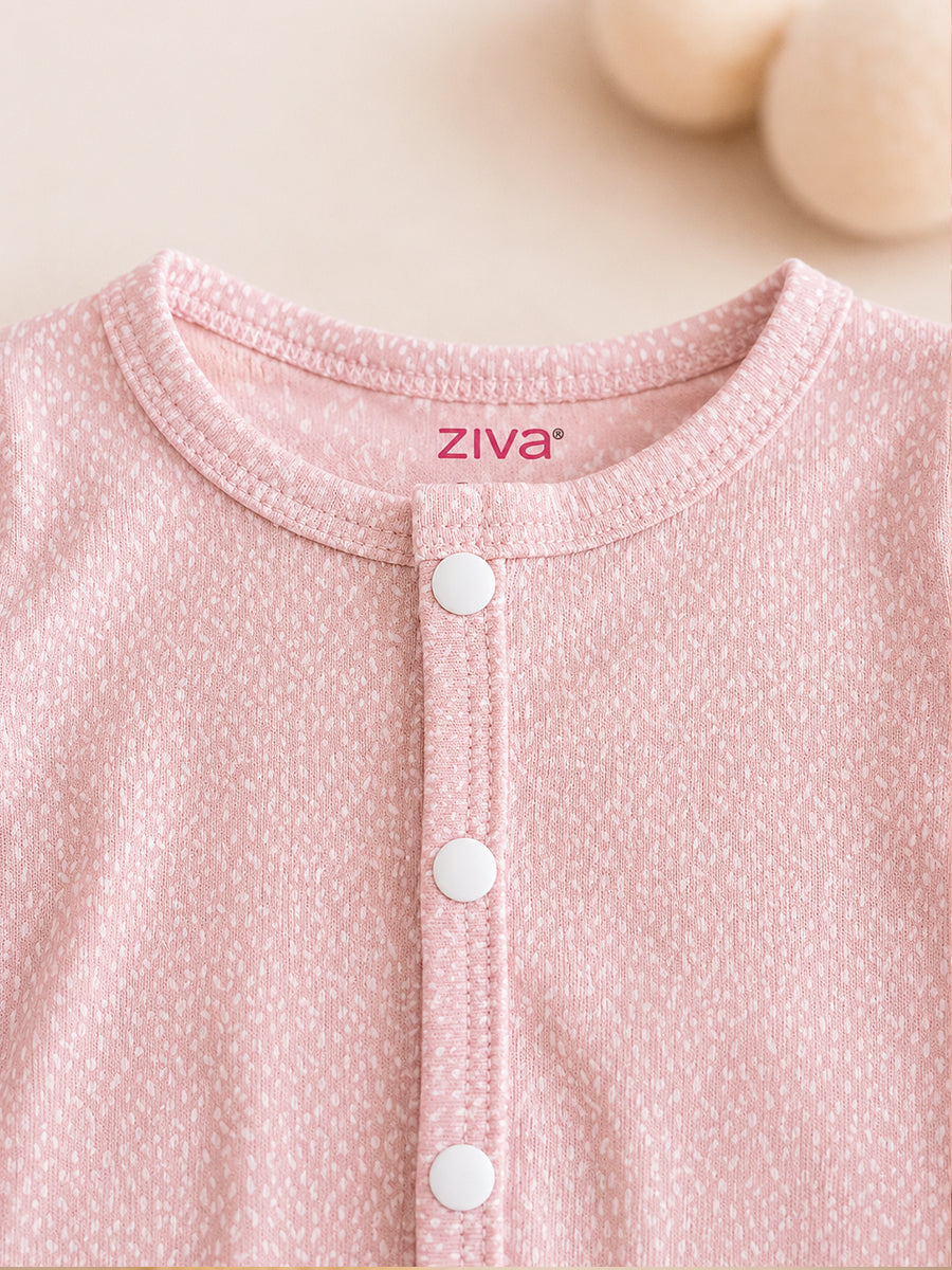 Ziva Baby Jumpsuit – Dusty Blush Pink | Tiny Confetti Sprinkle Print | Premium Knitted Cotton | Front Open Snap Button