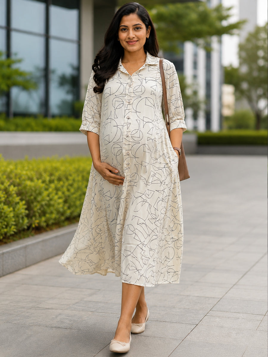 Ziva Maternity & Feeding Shirt Dress with Full Button Opening & Pocket – Beige Geometrical Print