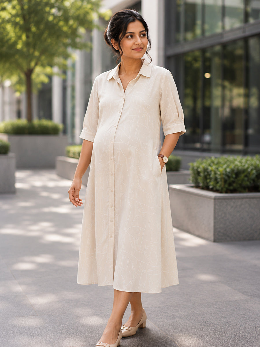 Ziva Maternity & Feeding Shirt Dress with Full Button Opening & Pocket – Beige with White Geometrical Print