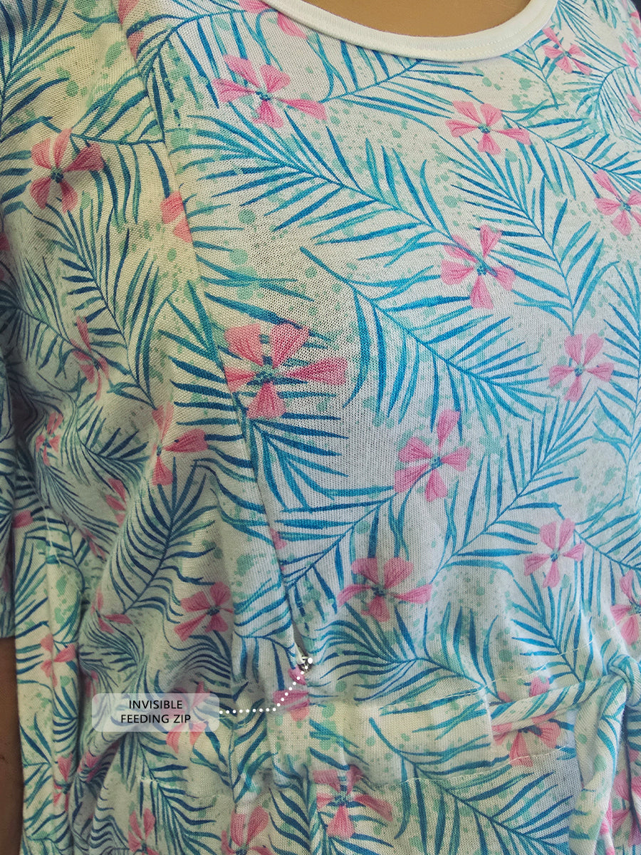 Ziva Maternity & Feeding Kaftan with Feeding Zip & Waist Tie – Mint Palm Blossom Print