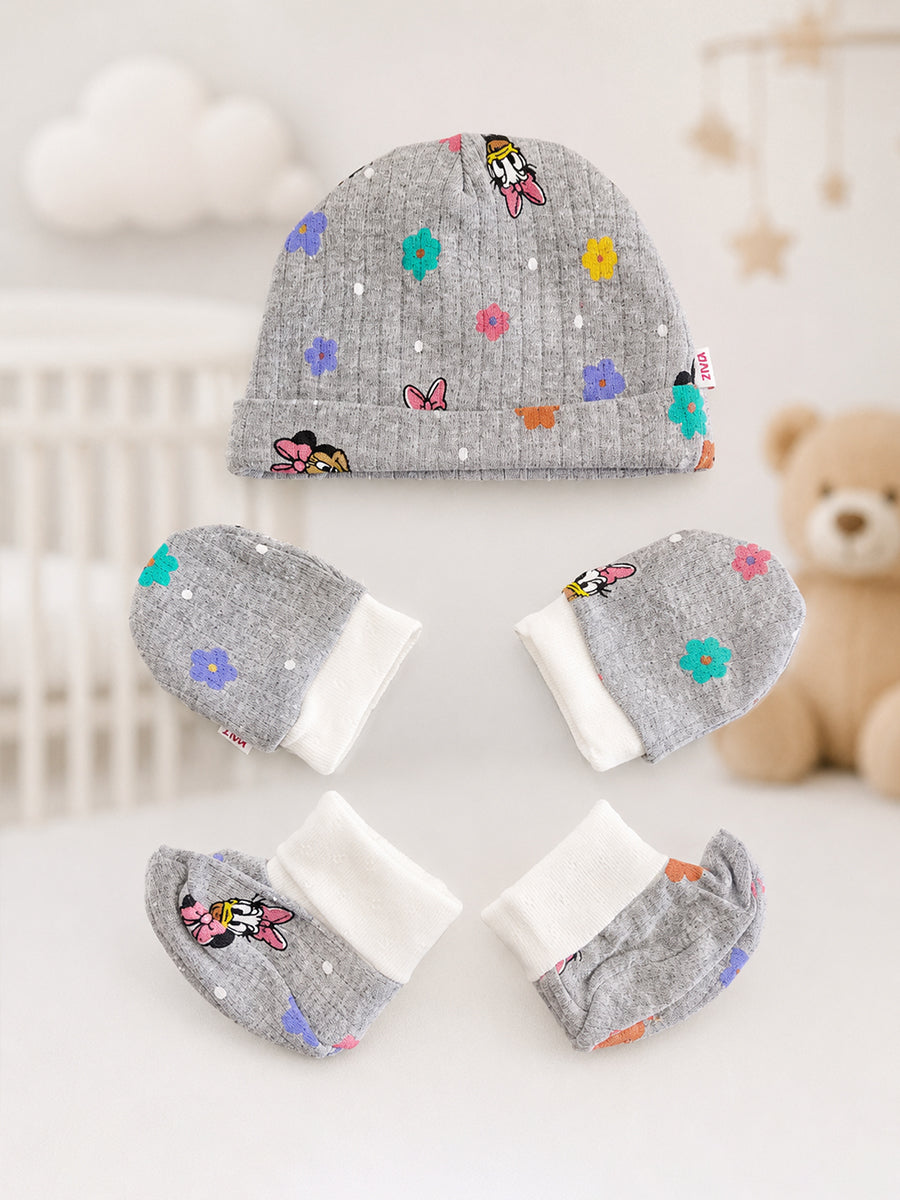 Ziva Baby Cap, Mitten & Bootie Set – Grey Melange | Daisy Duck & Multicolour Floral Print | Knitted Cotton