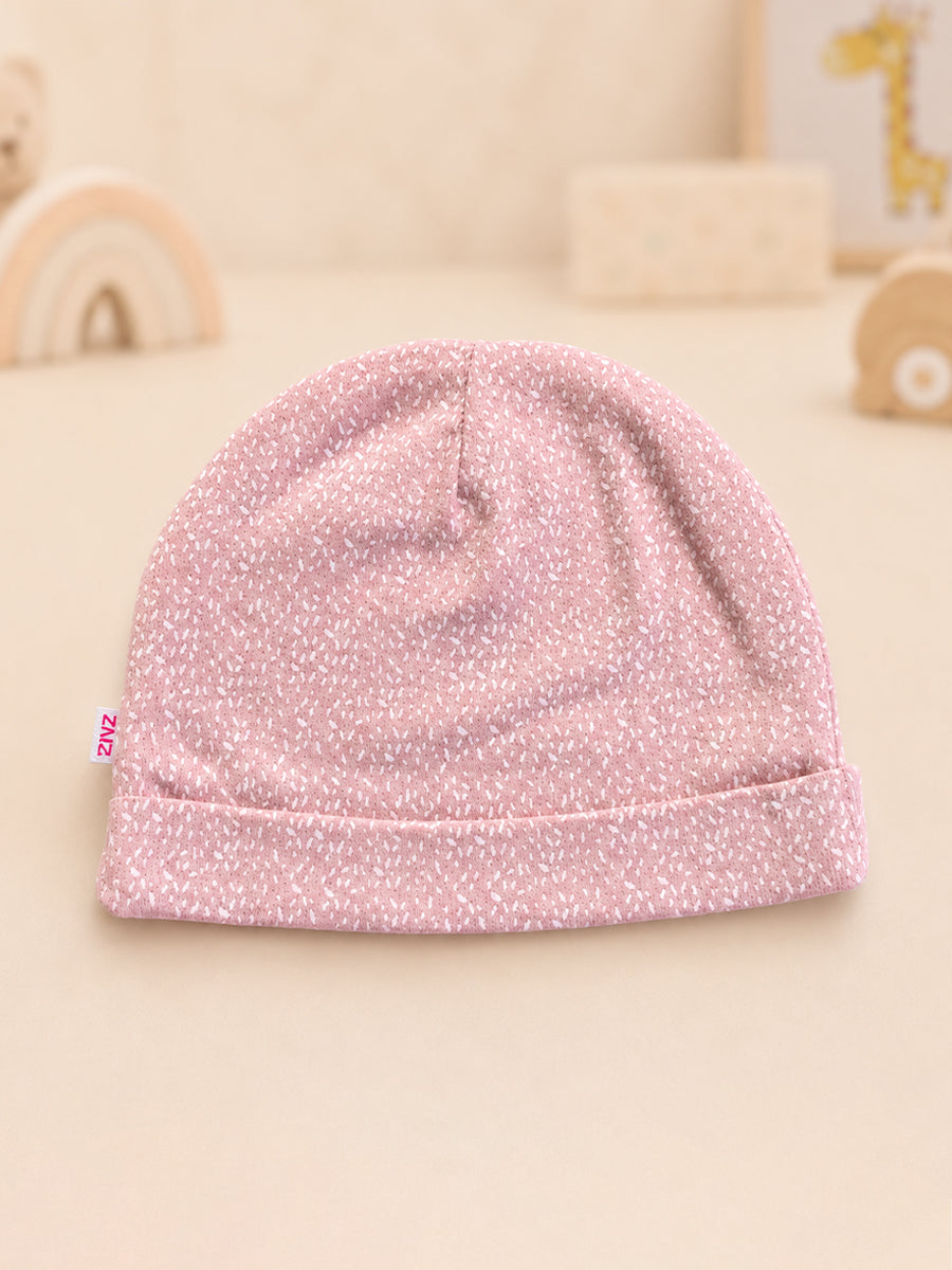 Ziva Baby Cap, Mitten & Bootie Set – Dusty Blush Pink | Tiny Confetti Sprinkle Print | Knitted Cotton