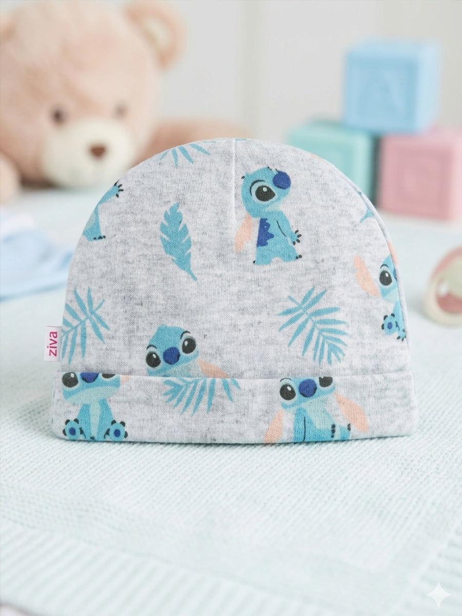 Ziva Baby Cap, Mitten & Bootie Set – Heather Grey & Sky Blue | Cartoon Character & Tropical Leaf Print | Knitted Cotton