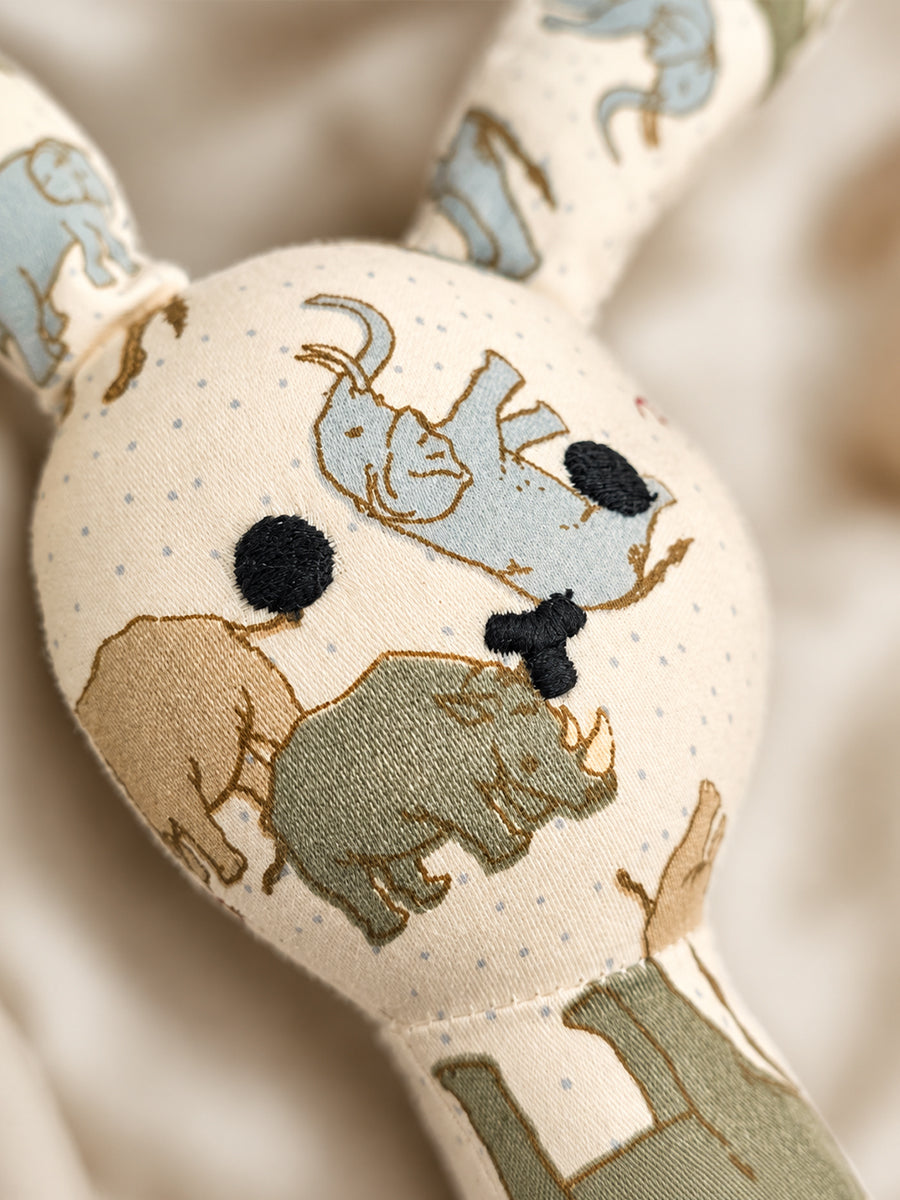 Ziva Baby Organic Cotton Bunny Hand Rattle – Cream | Safari Animal Print