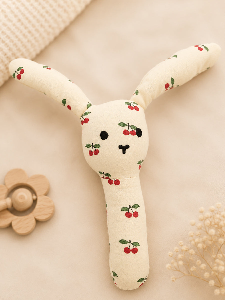 Ziva Baby Organic Cotton Bunny Hand Rattle – Cream | Cherry Fruit Print