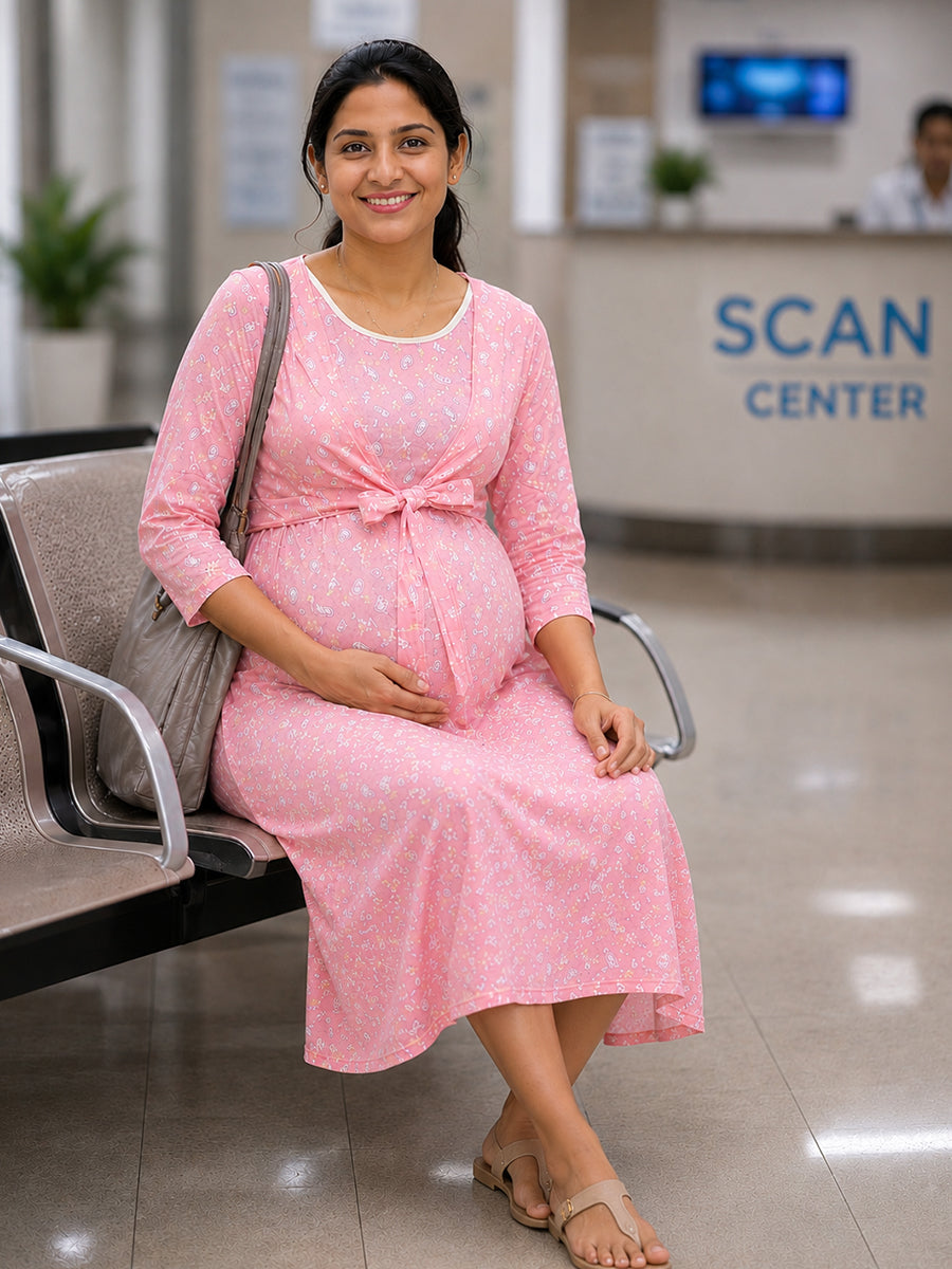 Ziva Blush Paisley Bloom Print Knitted Cotton Maternity & Feeding Zipless Dress with Concealed Side-Pull Nursing Access