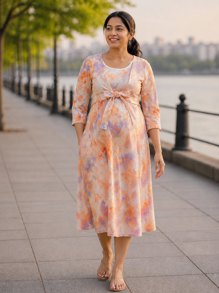 Ziva Watercolor Cloud Tie-Dye Print Knitted Cotton Maternity & Feeding Zipless Dress with Concealed Side-Pull Nursing Access
