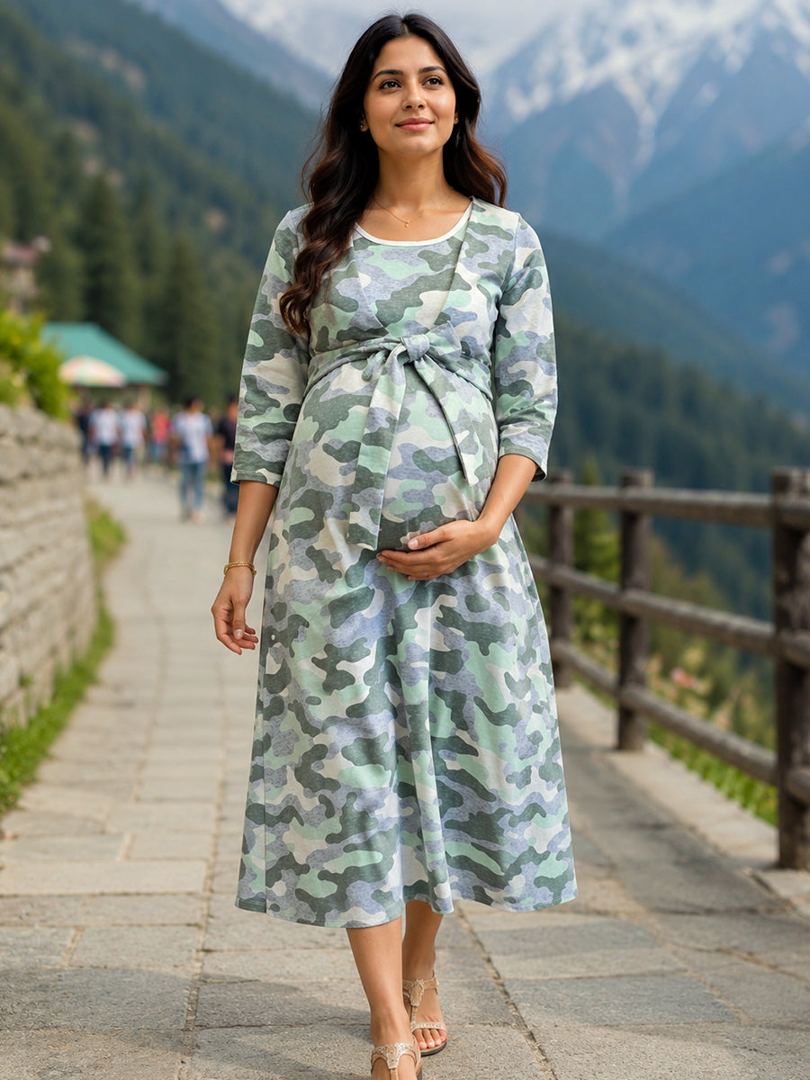 Ziva Camouflage Print Knitted Cotton Maternity & Feeding Zipless Dress with Concealed Side-Pull Nursing Access