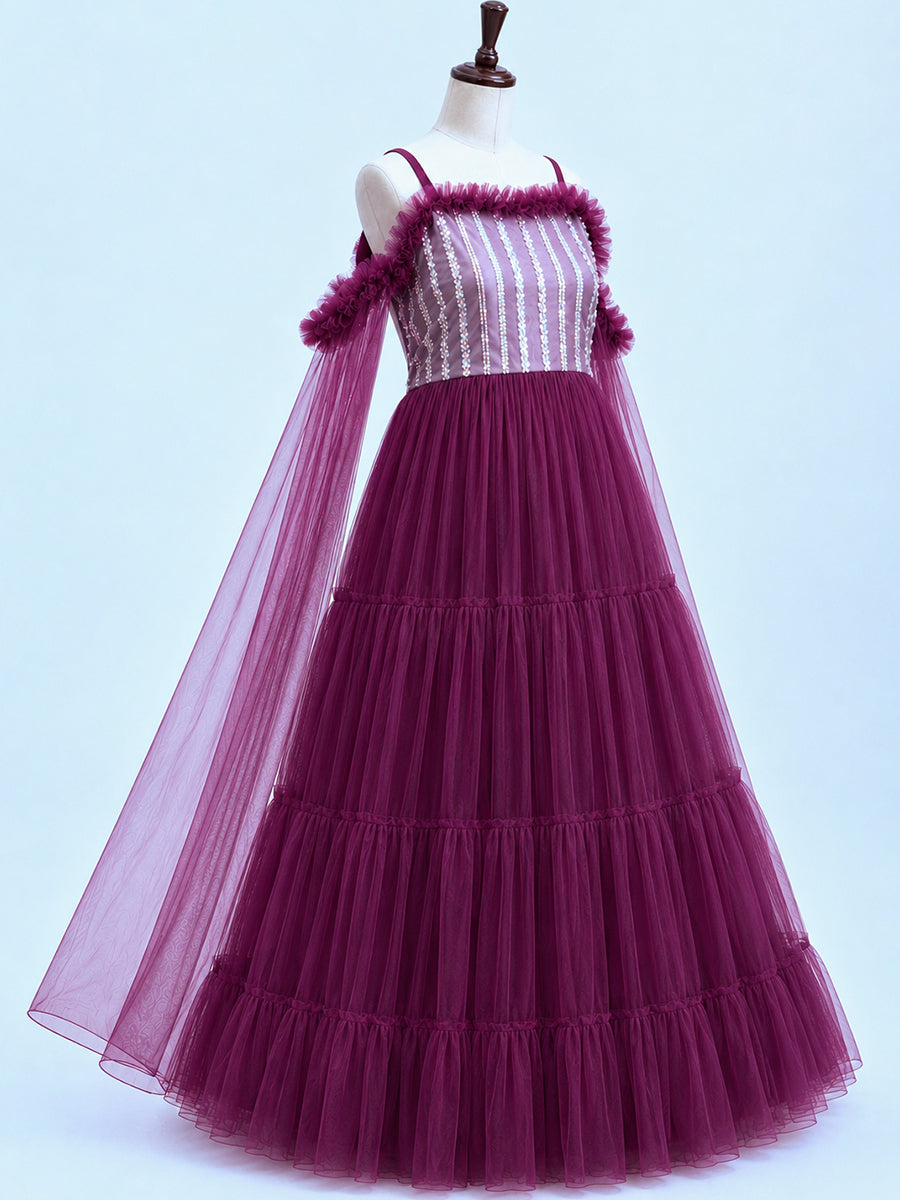 Ziva Maternity Photoshoot & Baby Shower Net Gown with Sequin Bodice & Flowing Cape Sleeves – Wine