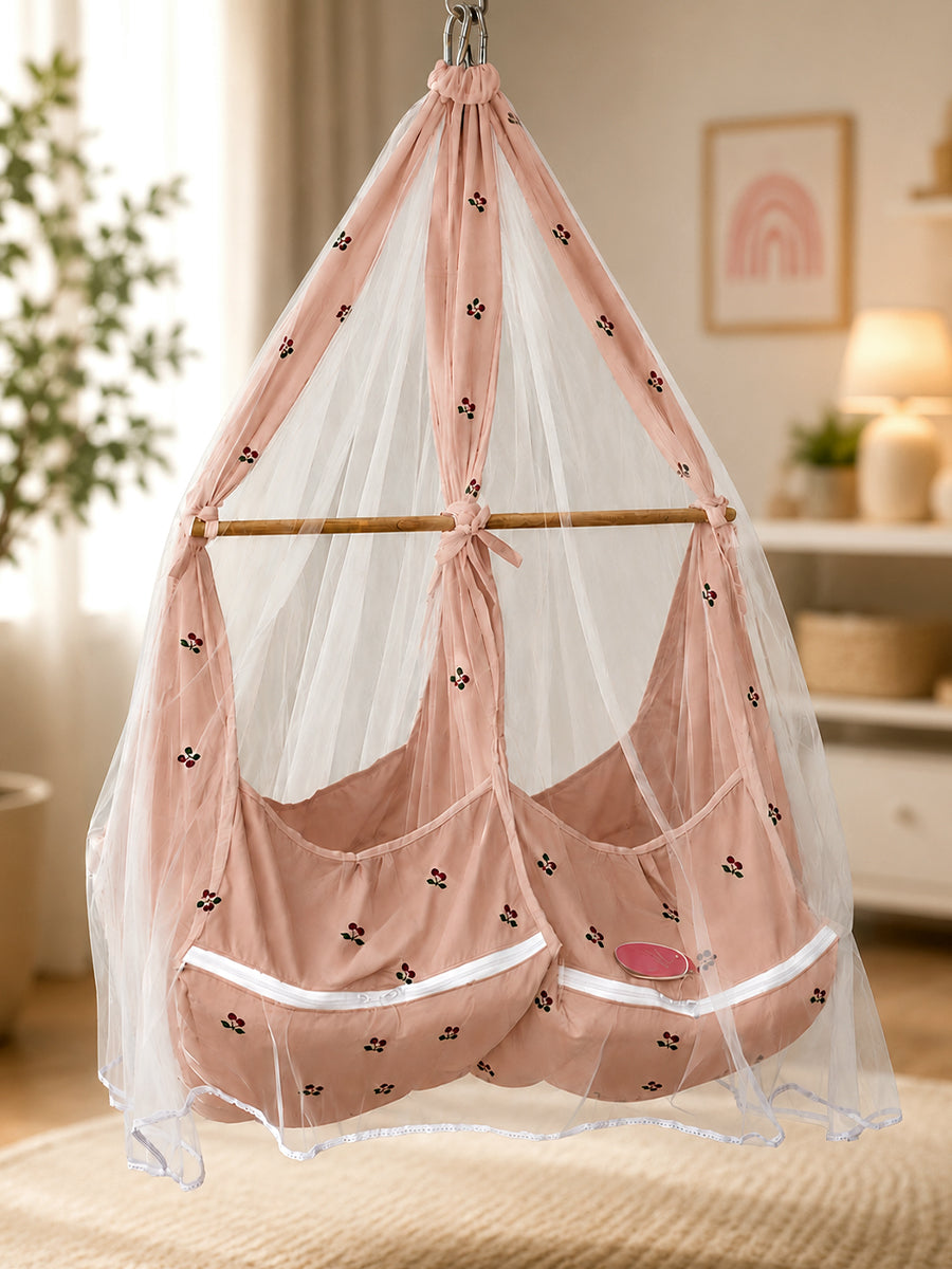 Ziva Exclusive Twin Organic Cotton Cradle with Bed & Convertible Swing Chair – Peach Brown Cherry Print
