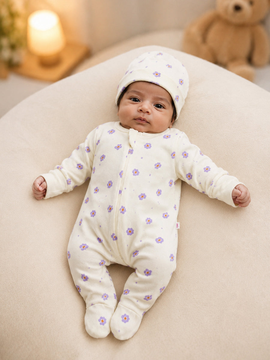 Ziva Baby Sleepsuit with Cap – Knitted Cotton Front Zip, Fold-Over Mittens & Integrated Booties | Lavender Blossom Print