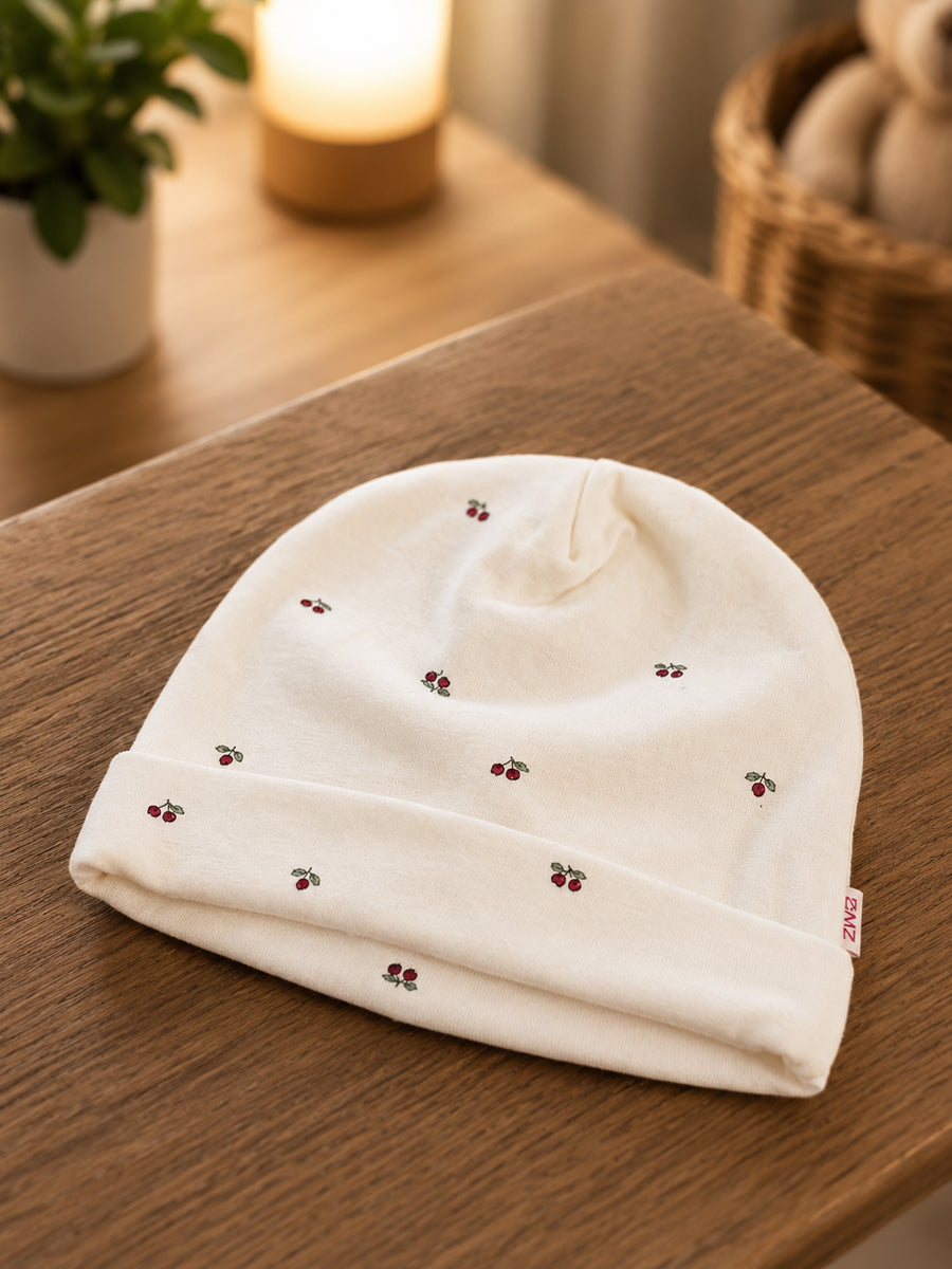 Ziva Baby Sleepsuit with Cap – Knitted Cotton Front Zip, Fold-Over Mittens & Integrated Booties | Mini Cherry Print
