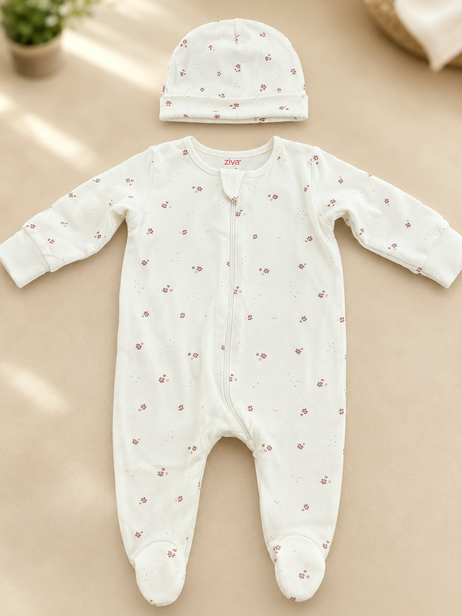 Ziva Baby Sleepsuit with Cap – Knitted Cotton Front Zip, Fold-Over Mittens & Integrated Booties | Blush Petal Floral Print